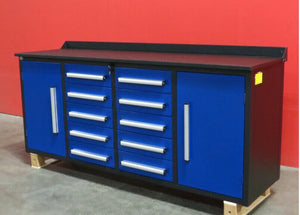 10 DRAW, 2 CUPBOARD BLUE WORK BENCH!  AVAILABLE NOW!